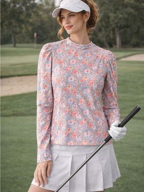Byrdie Golf Floral Mock Neck Puff Sleeve Long Sleeve Shirt Pink Size Medium